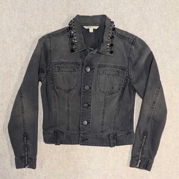 CAbi Jackets & Blazers - CAbi Denim Beaded Collar Black Biker Distressed Jacket With Zippers Size Small
